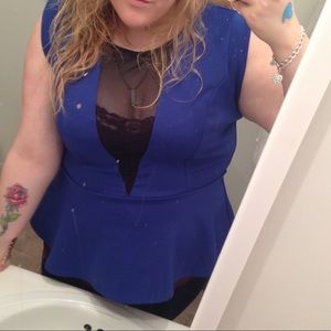 Plus size Blue peplum top with mesh cleavage